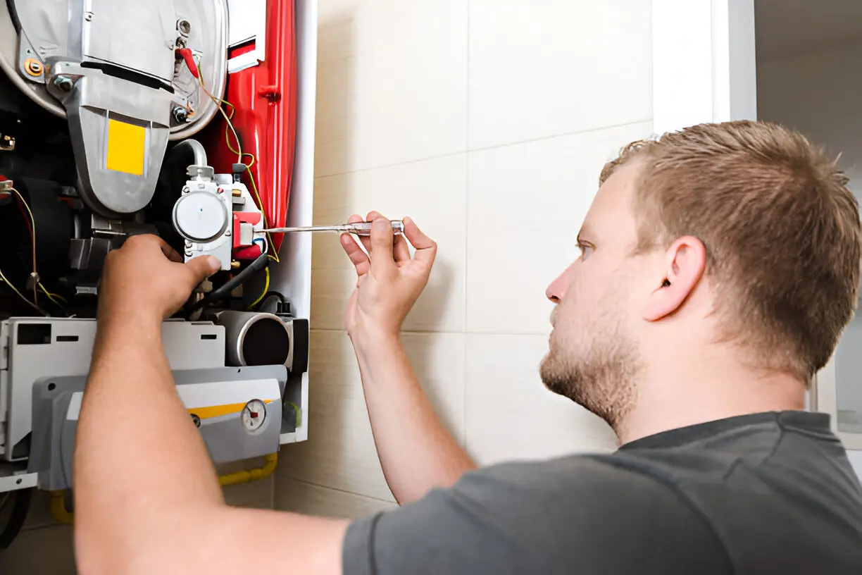 Technician inspecting and repairing a heating system during winter in Los Angeles